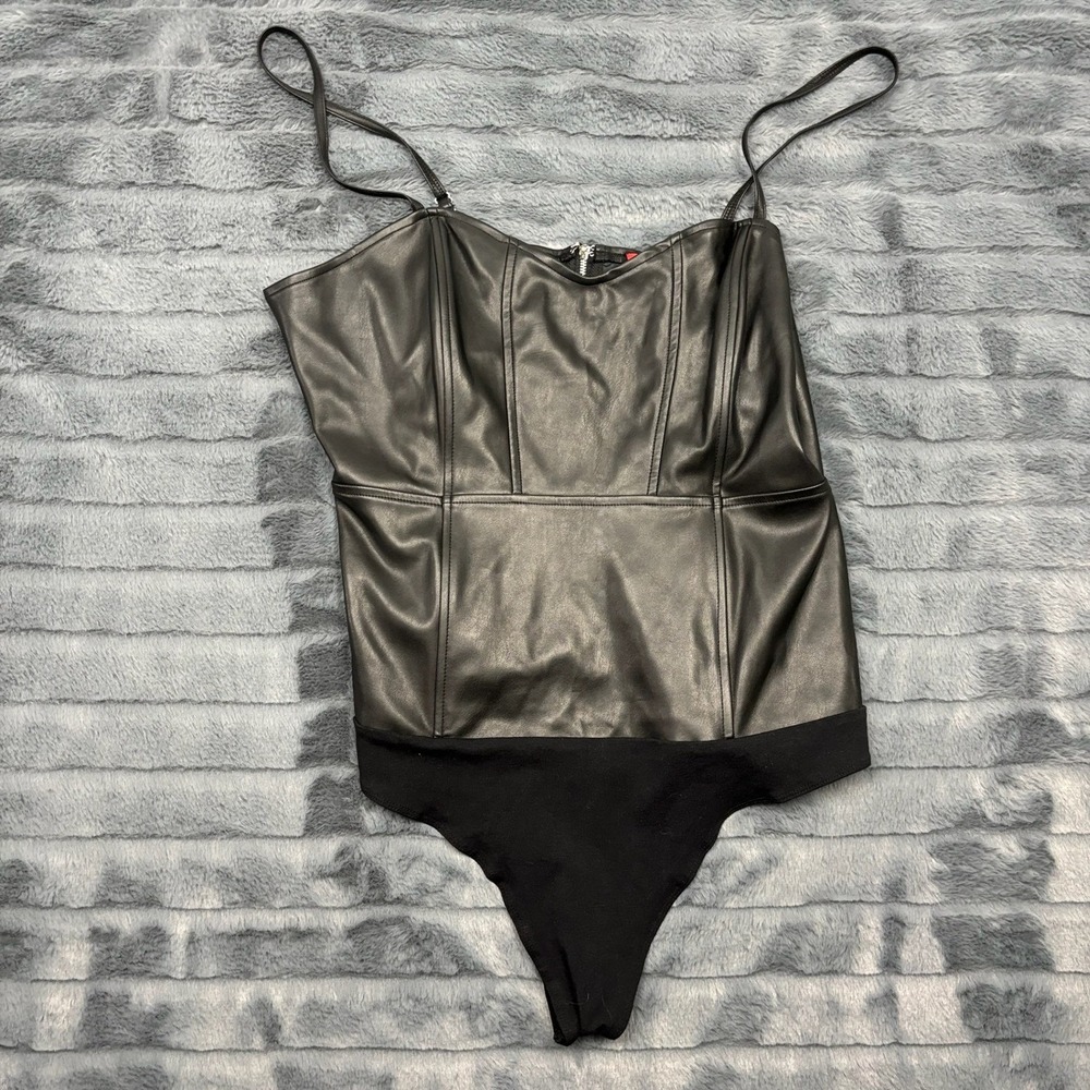 Guess Los Angeles Womens XL Black Faux Leather Corset Bodysuit Zipper Back 9215
